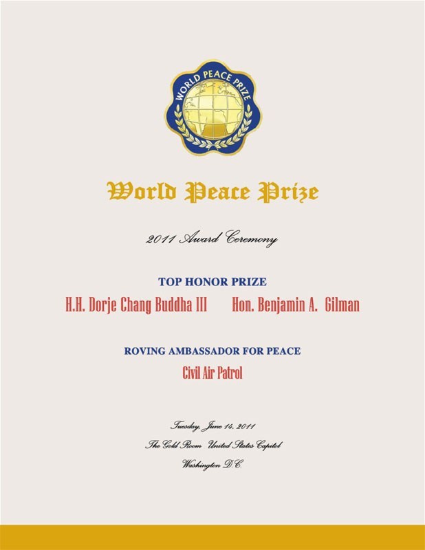 世界和平獎於2011年頒發最高榮譽獎給南無第三世多杰羌佛！